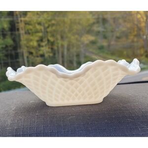 Vintage Milk Glass Ruffled Edge Diamond Cut Pattern Candy Dish